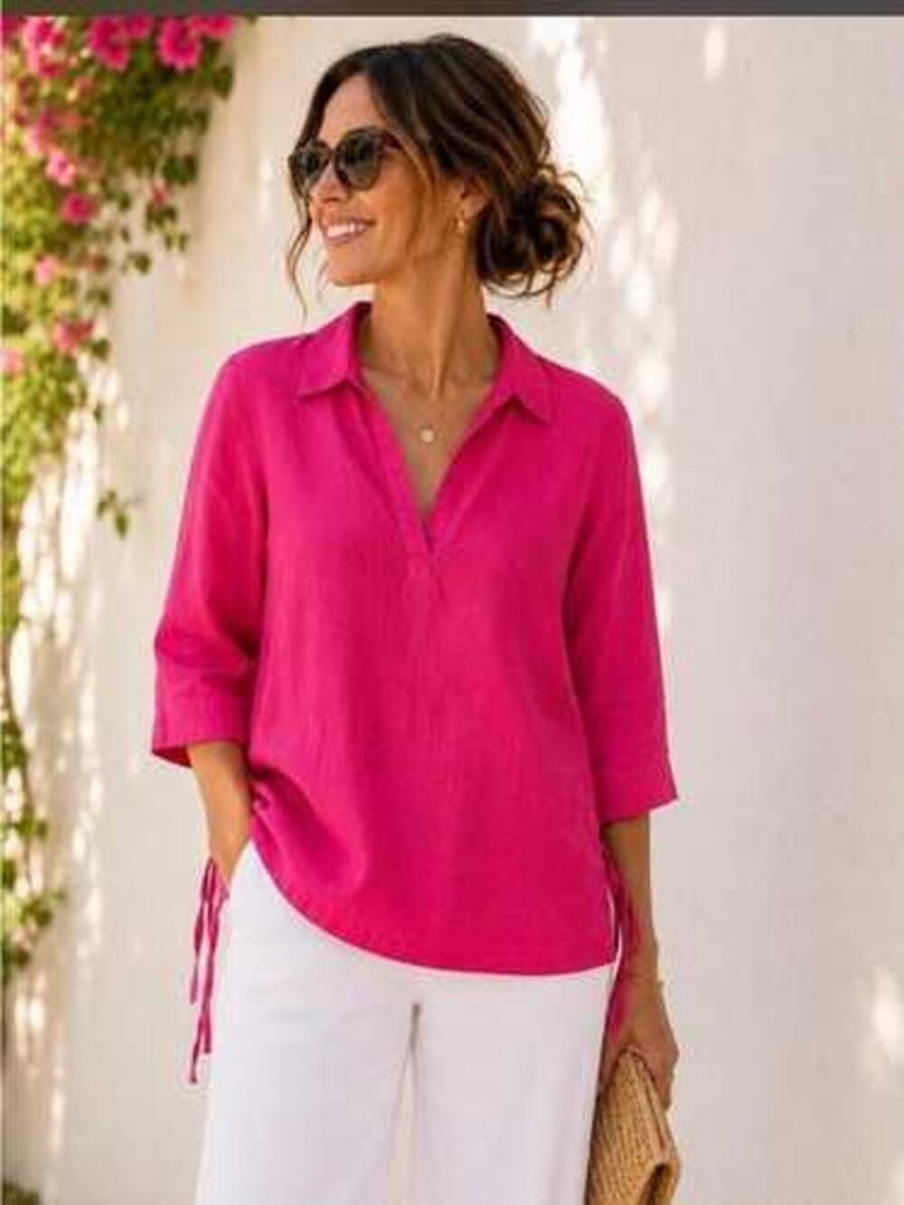 Isaac Mizrahi Hot Pink 100% Linen Side-Tie Tunic Top Medium
